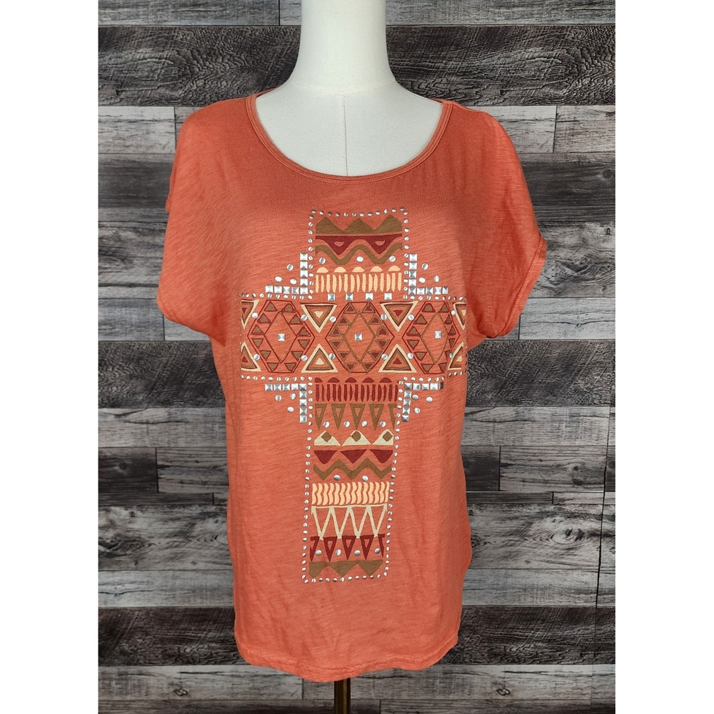 Roper Wear The West Coral Orange Studded Geometric Cross Slub Knit Top Medium